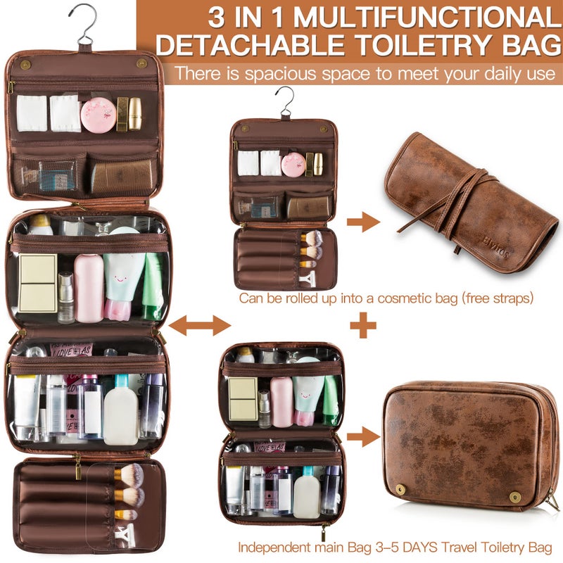 Elviros Hanging Toiletry Bag Removable Travel Bag PU leather Makeup Cosmetic Organizer Kit, Dark Brown - Image 2