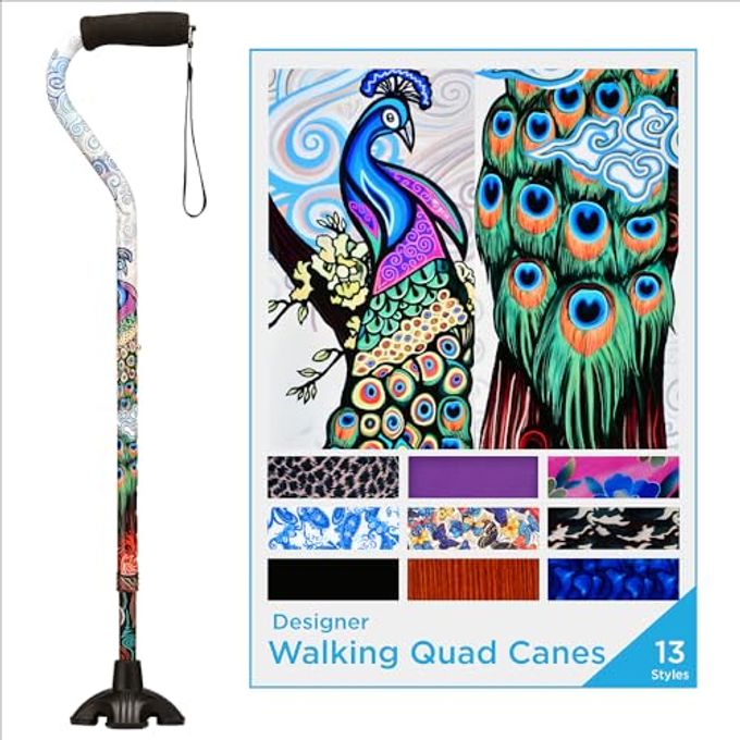 Nova Sugarcane Walking Cane with All Terrain Rubber Quad Tip Base and Carrying Strap Proud Peacock Design - Image 2