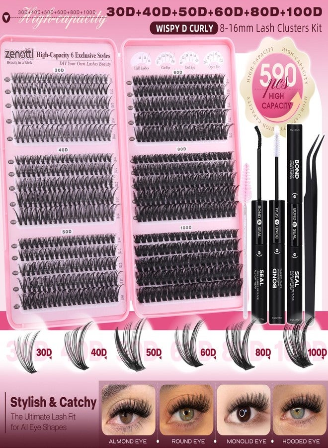zenotti Lash Clusters Kit Wispy Cluster Eyelash Extensions Kit 30D+40D+50D+60D+80D+100D 6 Styles Eyelash Clusters Kit 590pcs D Curl Individual Lashes Extensions with Lash Bond&Seal Tweezers Brush by zenotti - Image 2
