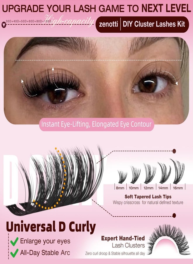 zenotti Lash Clusters Kit Wispy Cluster Eyelash Extensions Kit 30D+40D+50D+60D+80D+100D 6 Styles Eyelash Clusters Kit 590pcs D Curl Individual Lashes Extensions with Lash Bond&Seal Tweezers Brush by zenotti - Image 4
