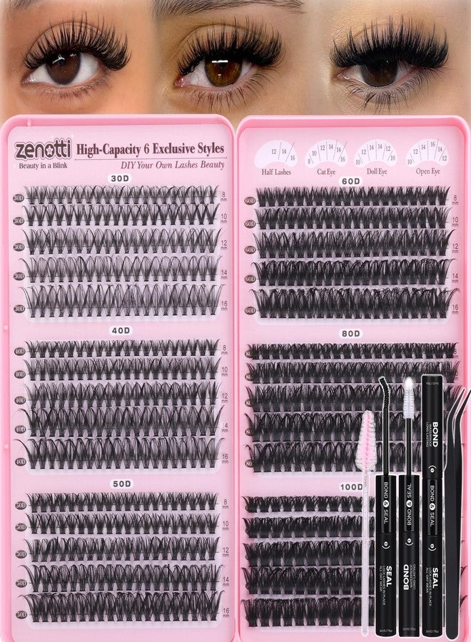 zenotti Lash Clusters Kit Wispy Cluster Eyelash Extensions Kit 30D+40D+50D+60D+80D+100D 6 Styles Eyelash Clusters Kit 590pcs D Curl Individual Lashes Extensions with Lash Bond&Seal Tweezers Brush by zenotti - Image 1