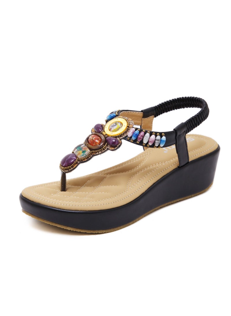 Loquat National Style Beach boho Retro Beaded Wedges Sandals Black 