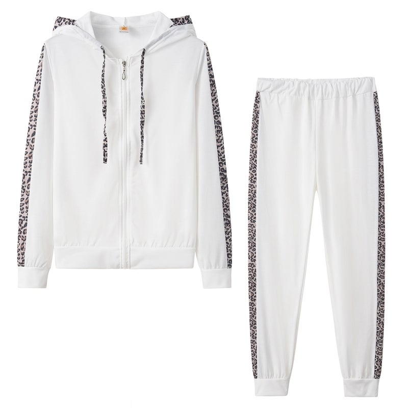 2020 Autumn and Winter Hot New European and American Explosions Leopard Long Sleeve Pocket Velvet Printed Zipper Hoodie Pants Set White