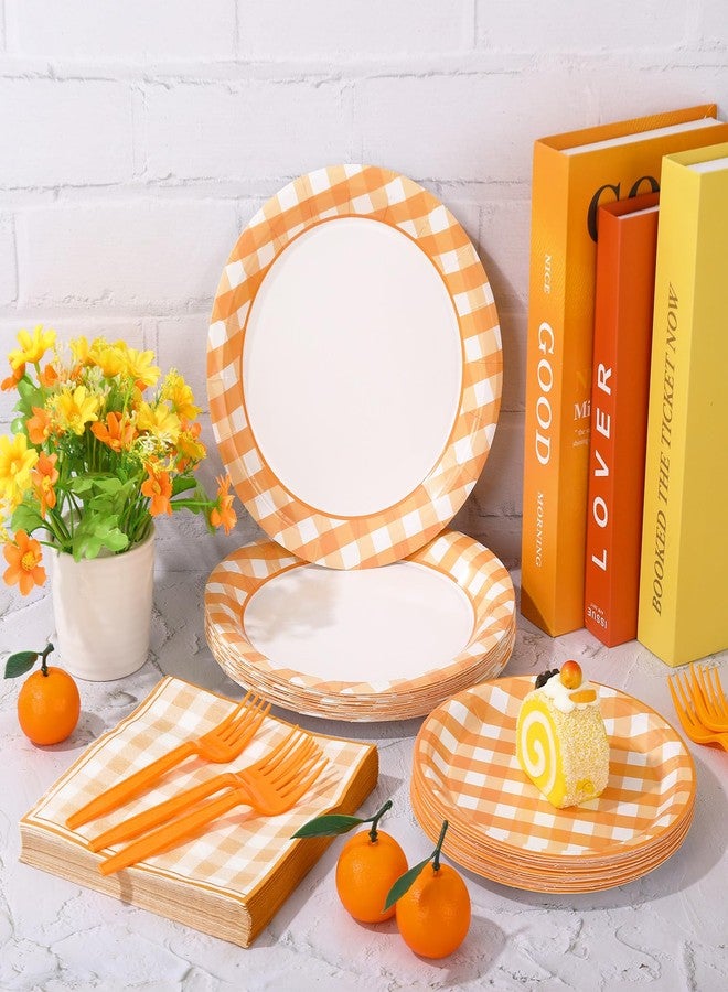 JarThenaAMCS 100Pcs Orange Plaid Party Supplies Checkered Tableware Set Fall Disposable Dinnerware 50Pcs Paper Plate 25Pcs Lunch Napkin 25Pcs Fork for Party Table Decor - Image 3