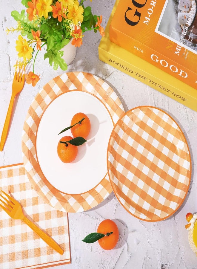 JarThenaAMCS 100Pcs Orange Plaid Party Supplies Checkered Tableware Set Fall Disposable Dinnerware 50Pcs Paper Plate 25Pcs Lunch Napkin 25Pcs Fork for Party Table Decor - Image 5