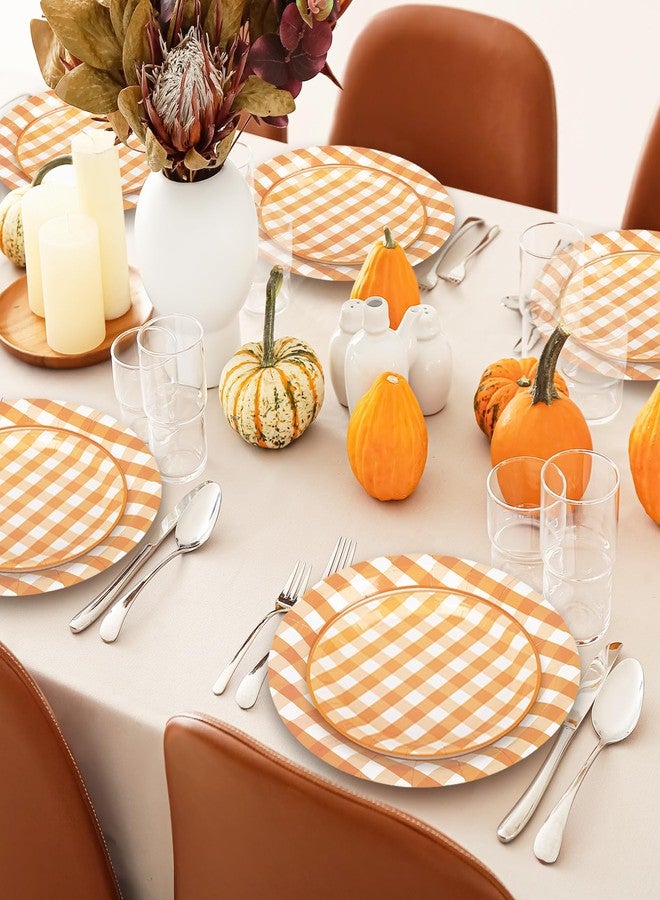 JarThenaAMCS 100Pcs Orange Plaid Party Supplies Checkered Tableware Set Fall Disposable Dinnerware 50Pcs Paper Plate 25Pcs Lunch Napkin 25Pcs Fork for Party Table Decor - Image 4