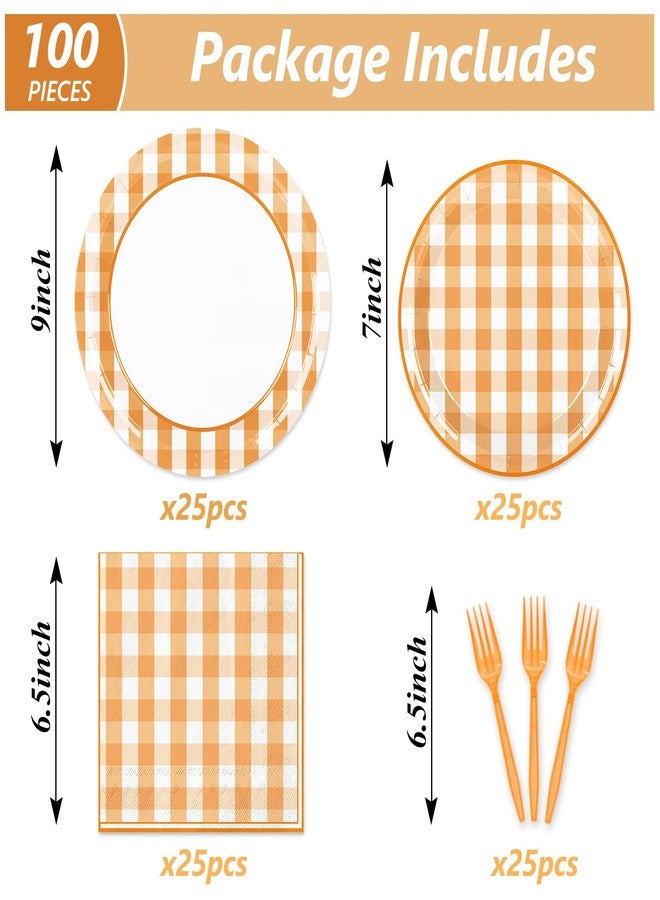 JarThenaAMCS 100Pcs Orange Plaid Party Supplies Checkered Tableware Set Fall Disposable Dinnerware 50Pcs Paper Plate 25Pcs Lunch Napkin 25Pcs Fork for Party Table Decor - Image 2