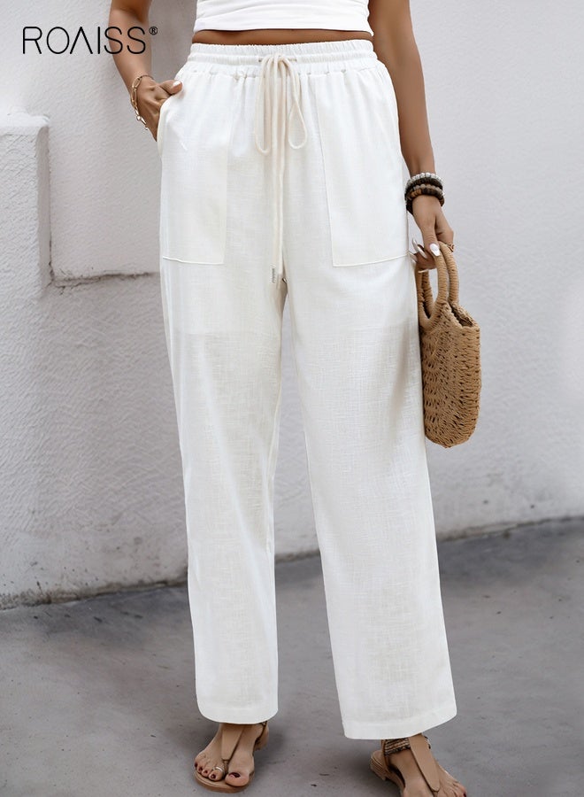 roaiss Women's Elegant White Modest Palazzo Pants High Waist with Pockets Tailored Straight Cut in Premium Linen Blend Suitable for All-Day Comfort Resort White