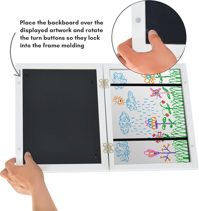 Americanflat 10x12.5 Kids Art Frame - Front Loading Picture Frame Holds 100 Artworks - Use as 8.5x11 Frame with Mat - My Mini Masterpiece - Hanging Hardware and Built-in Easel Included - White - Image 4