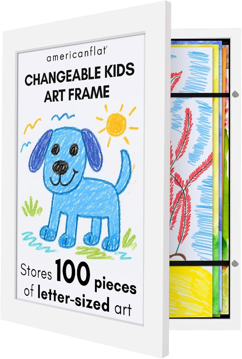 Americanflat 10x12.5 Kids Art Frame - Front Loading Picture Frame Holds 100 Artworks - Use as 8.5x11 Frame with Mat - My Mini Masterpiece - Hanging Hardware and Built-in Easel Included - White - Image 1