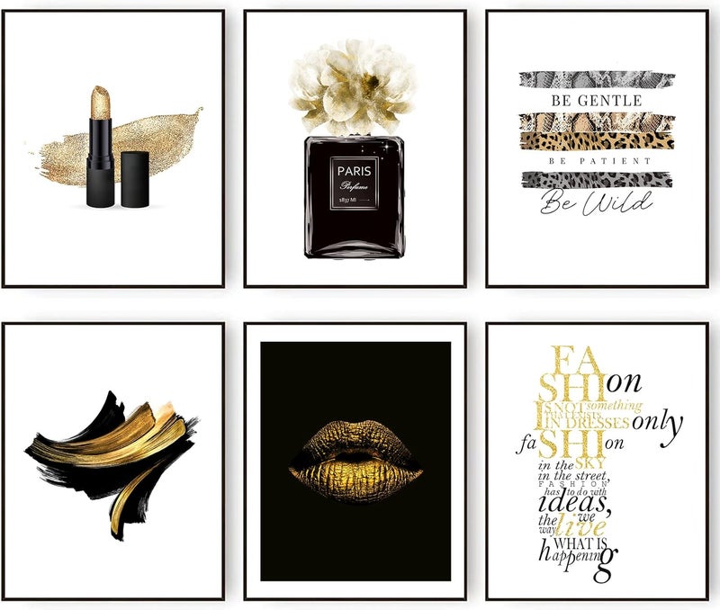 HoozGee Gorgeous Black and Gold Fashion Art Prints Room Decor Glam Golden Lips Flower Lipstick Perfume Bottle Art Poster Designer Artwork Stylish Quotes & Sayings Home Art Decor（8"x10" UNFRAMED） - Image 1