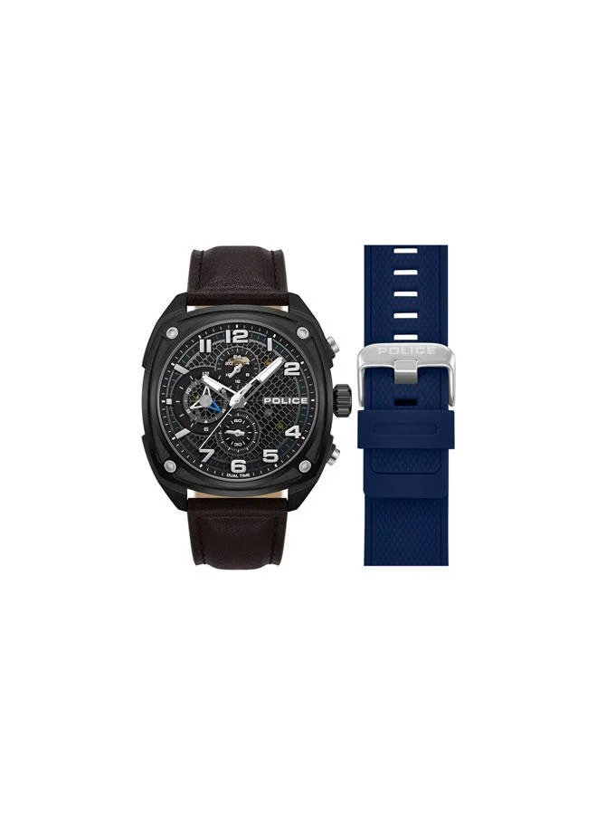 POLICE Portland Black Dial Dark Brown Blue Silicone Straps Multifunction Watch for Men - 44.5mm