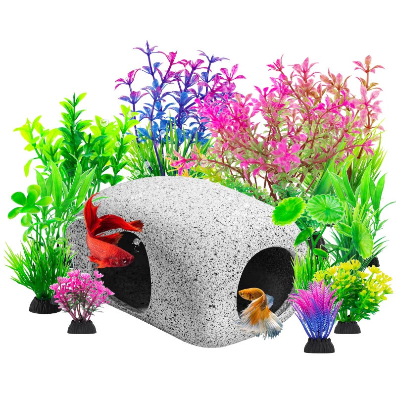 CousDUoBe 13Pcs Aquarium Hideaway Rock Cave Fish Tank Decorations quarium,Betta Toys Hideout Stones House,Safe and Non-Toxic Ceramic Fish Tank Ornamentsï¼ˆStyle Bï¼‰ - Image 1