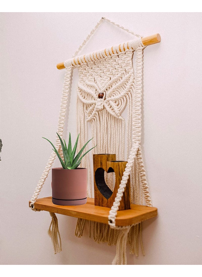 Torex TOREX Macramé Wall Hanging Shelf |893| Indoor Boho Wall Decor for Bedroom, (Set of 1,Off White)  - Image 2