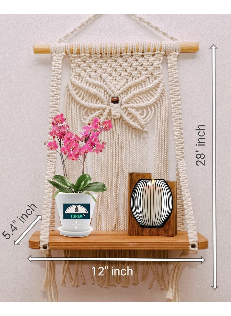 Torex TOREX Macramé Wall Hanging Shelf |893| Indoor Boho Wall Decor for Bedroom, (Set of 1,Off White)  - Image 3