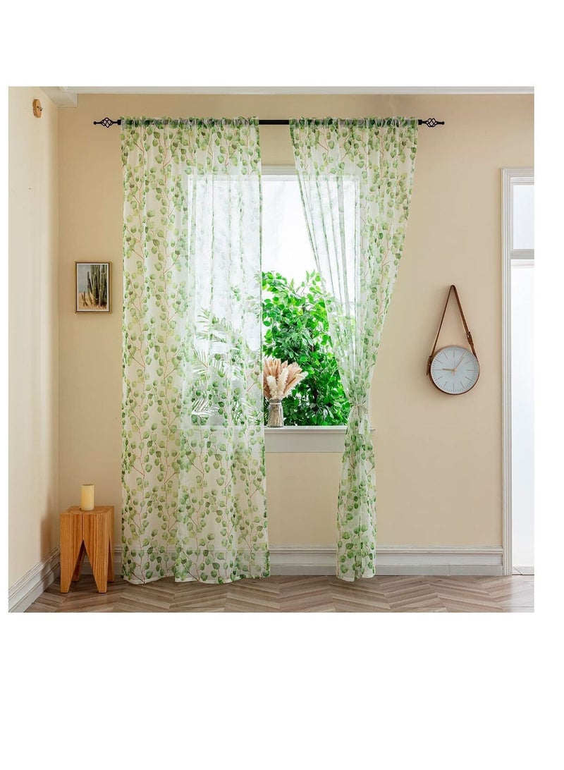 Green Leaf Curtains for Living Room, 2 Panels Tulle Vine Window Prints Sheer Curtains, Patterned Botanical Curtain, Room Balcony Sunroom (W39 X L79 inch)  - Image 2
