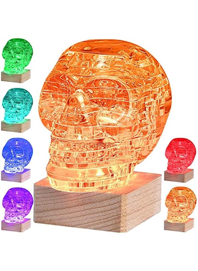 3D Skull Crystal Puzzle, Skull Assembly Brain Teaser with Light-Up Wood Base for  Decorations Indoor, Plastic Skull DIY Puzzle Blocks 3D Model Toy, Gift for Adults/Kid 14+(49pcs, Transparent) - Image 1