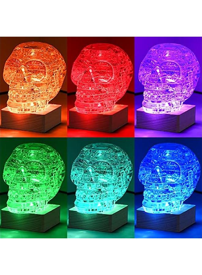 3D Skull Crystal Puzzle, Skull Assembly Brain Teaser with Light-Up Wood Base for  Decorations Indoor, Plastic Skull DIY Puzzle Blocks 3D Model Toy, Gift for Adults/Kid 14+(49pcs, Transparent) - Image 3