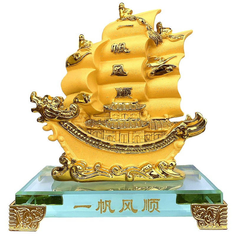 Betterdecor Feng Shui Gold Dragon Sailing Ship Boat Statue Home and Office Decor for Success and Fortune - Image 1
