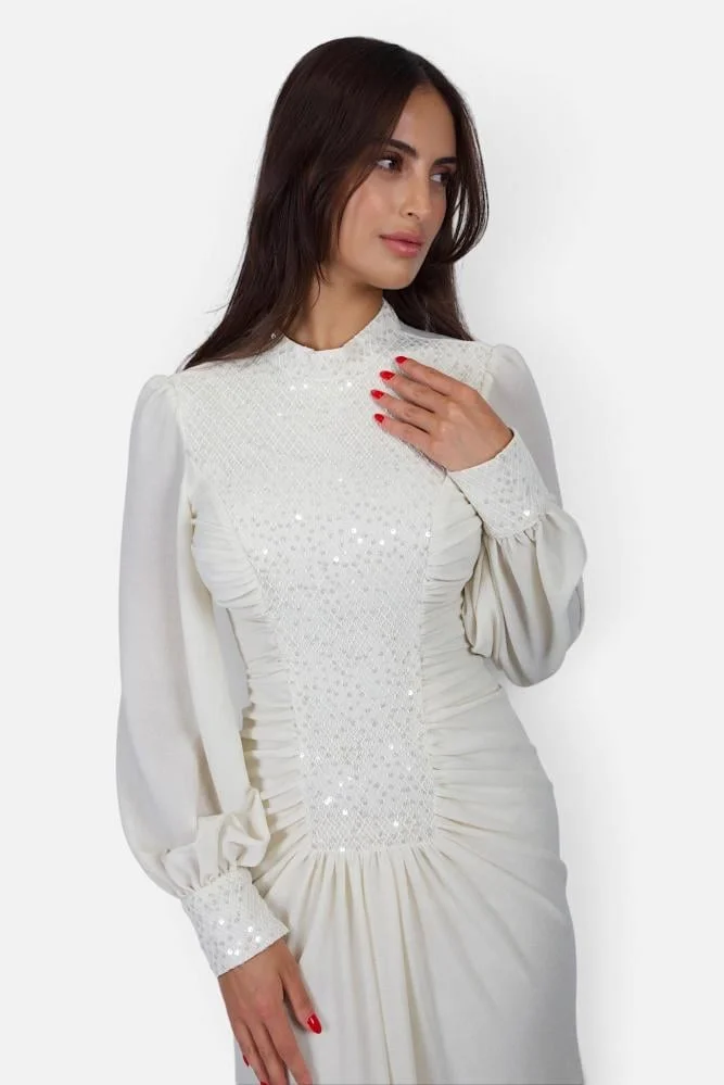 Opera Fashion Ivory High-Neck Evening Gown with Sequin Front