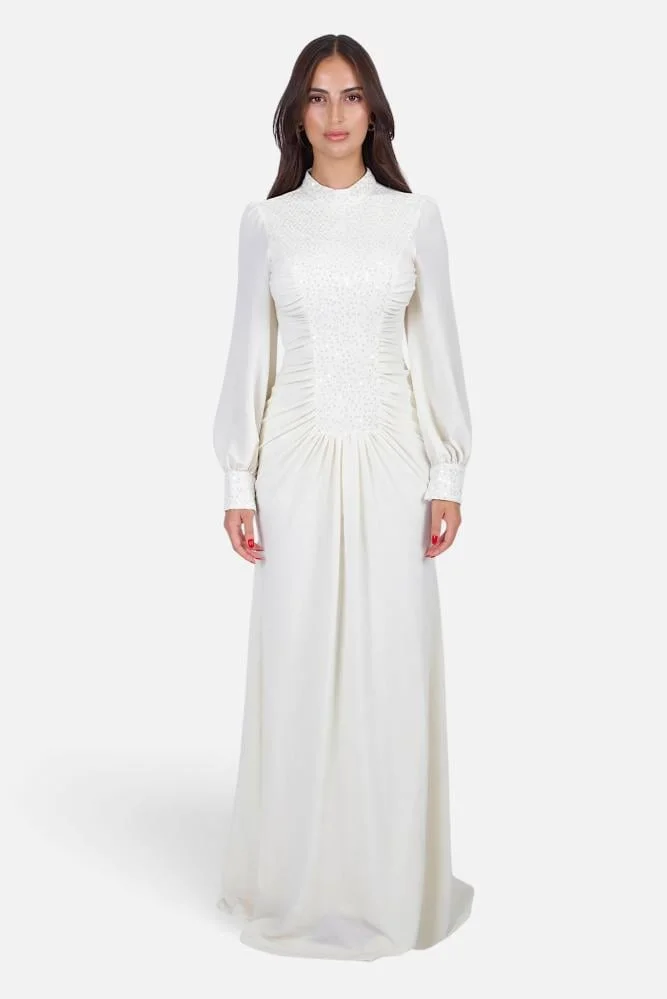 Opera Fashion Ivory High-Neck Evening Gown with Sequin Front