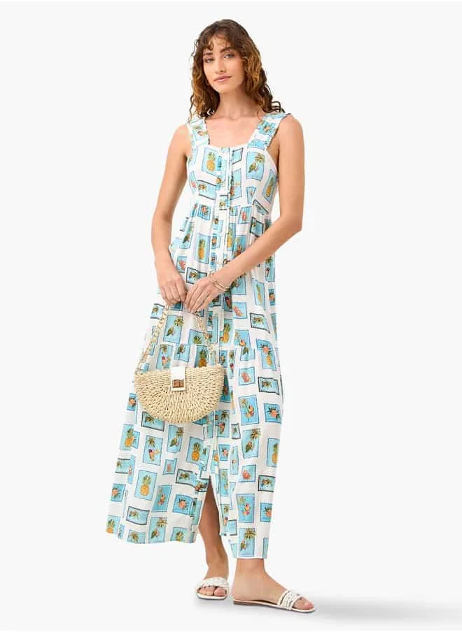 FAV Printed Sleeveless Dress with Square Neck and Frill Detail