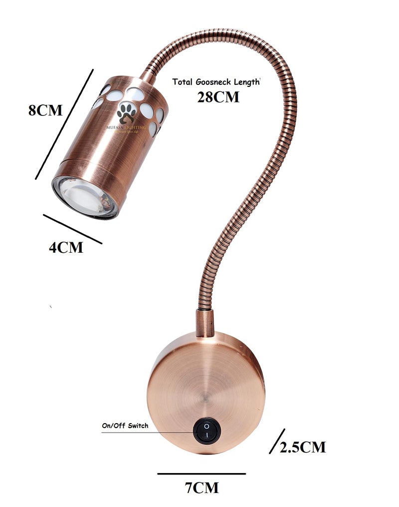 Mufasa 3 Watts Rose Gold LED Bedside Wall Light Surface Mounted Spotlight Reading Light Night Lamp 28Cm Gooseneck with 3 Step Light (White,Warm White and Natural White) (Pack of 1) - Image 3