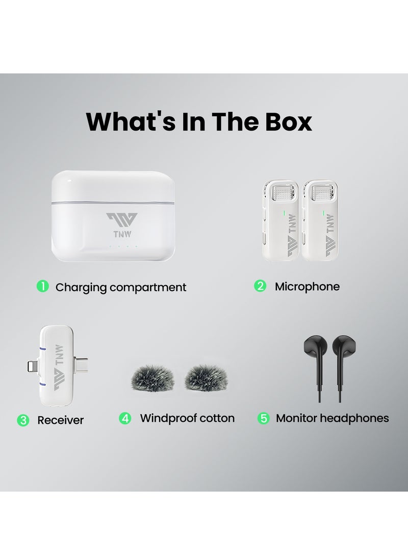 TNW - Wireless Microphone for iPhone/Android 2-in-1 RX, TNW A11 Lavalier Mic Wireless with One-click Noise Reduction, 50M Range, Clip on Mic for Video Recording, Vlogging, YouTube, Live, Interviews (White) - Image 1