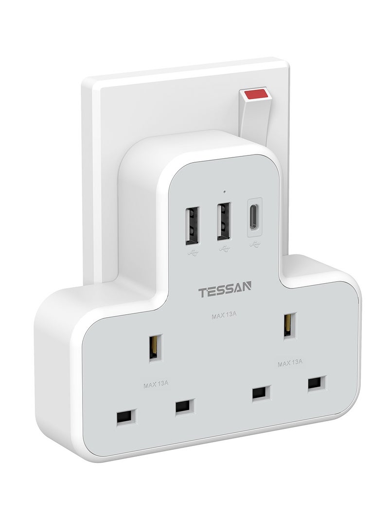 TESSAN Plug Adapter With 3 USB Ports, TESSAN Double Plug Adaptor UK, 2 Way MultiPlug Extension With USB Charger, Slim Power Extender TESSAN 5 In 1 Multi Plug Extension Socket Multiplug Extender Wall Charger, Universal Plug Adapter, Charging Station For Kitchen, Office, School Supplies White - Image 1