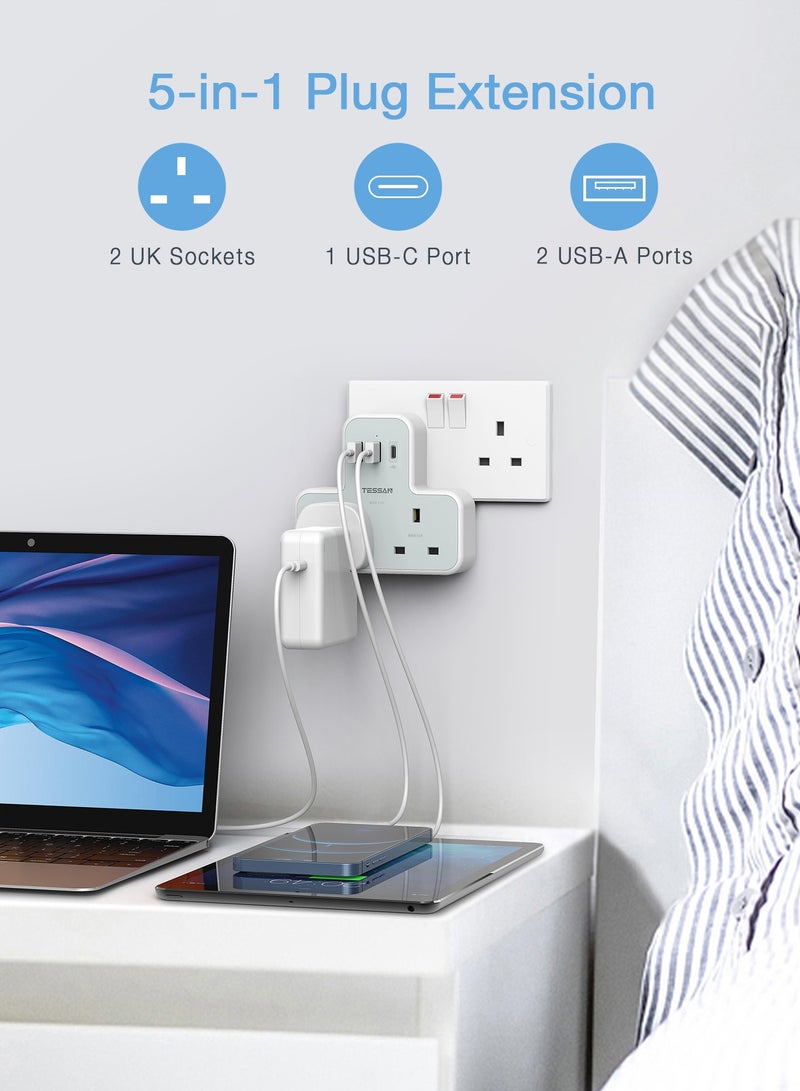 TESSAN Plug Adapter With 3 USB Ports, TESSAN Double Plug Adaptor UK, 2 Way MultiPlug Extension With USB Charger, Slim Power Extender TESSAN 5 In 1 Multi Plug Extension Socket Multiplug Extender Wall Charger, Universal Plug Adapter, Charging Station For Kitchen, Office, School Supplies White - Image 2