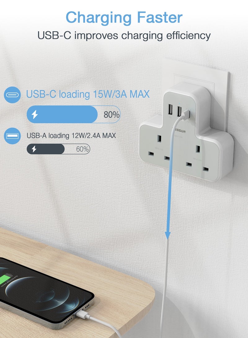 TESSAN Plug Adapter With 3 USB Ports, TESSAN Double Plug Adaptor UK, 2 Way MultiPlug Extension With USB Charger, Slim Power Extender TESSAN 5 In 1 Multi Plug Extension Socket Multiplug Extender Wall Charger, Universal Plug Adapter, Charging Station For Kitchen, Office, School Supplies White - Image 3