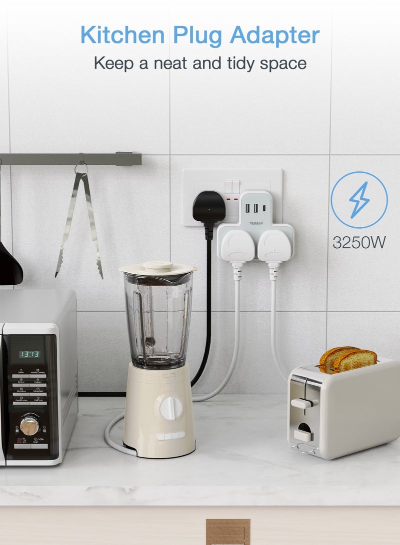 TESSAN Plug Adapter With 3 USB Ports, TESSAN Double Plug Adaptor UK, 2 Way MultiPlug Extension With USB Charger, Slim Power Extender TESSAN 5 In 1 Multi Plug Extension Socket Multiplug Extender Wall Charger, Universal Plug Adapter, Charging Station For Kitchen, Office, School Supplies White - Image 4