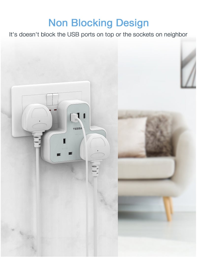 TESSAN Plug Adapter With 3 USB Ports, TESSAN Double Plug Adaptor UK, 2 Way MultiPlug Extension With USB Charger, Slim Power Extender TESSAN 5 In 1 Multi Plug Extension Socket Multiplug Extender Wall Charger, Universal Plug Adapter, Charging Station For Kitchen, Office, School Supplies White - Image 5