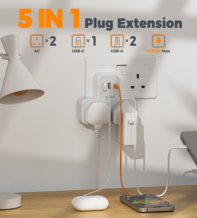 TESSAN Plug Adapter With 3 USB Ports, TESSAN Double Plug Adaptor UK, 2 Way MultiPlug Extension With USB Charger, Slim Power Extender TESSAN 5 In 1 Multi Plug Extension Socket Multiplug Extender Wall Charger, Universal Plug Adapter, Charging Station For Kitchen, Office, School Supplies White - Image 2