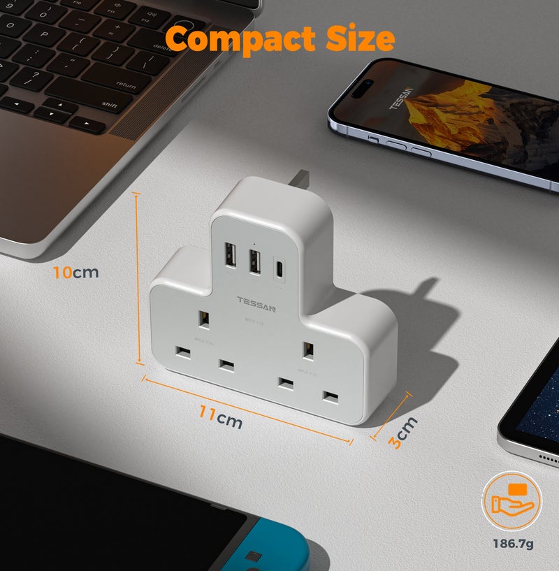 TESSAN Plug Adapter With 3 USB Ports, TESSAN Double Plug Adaptor UK, 2 Way MultiPlug Extension With USB Charger, Slim Power Extender TESSAN 5 In 1 Multi Plug Extension Socket Multiplug Extender Wall Charger, Universal Plug Adapter, Charging Station For Kitchen, Office, School Supplies White - Image 5