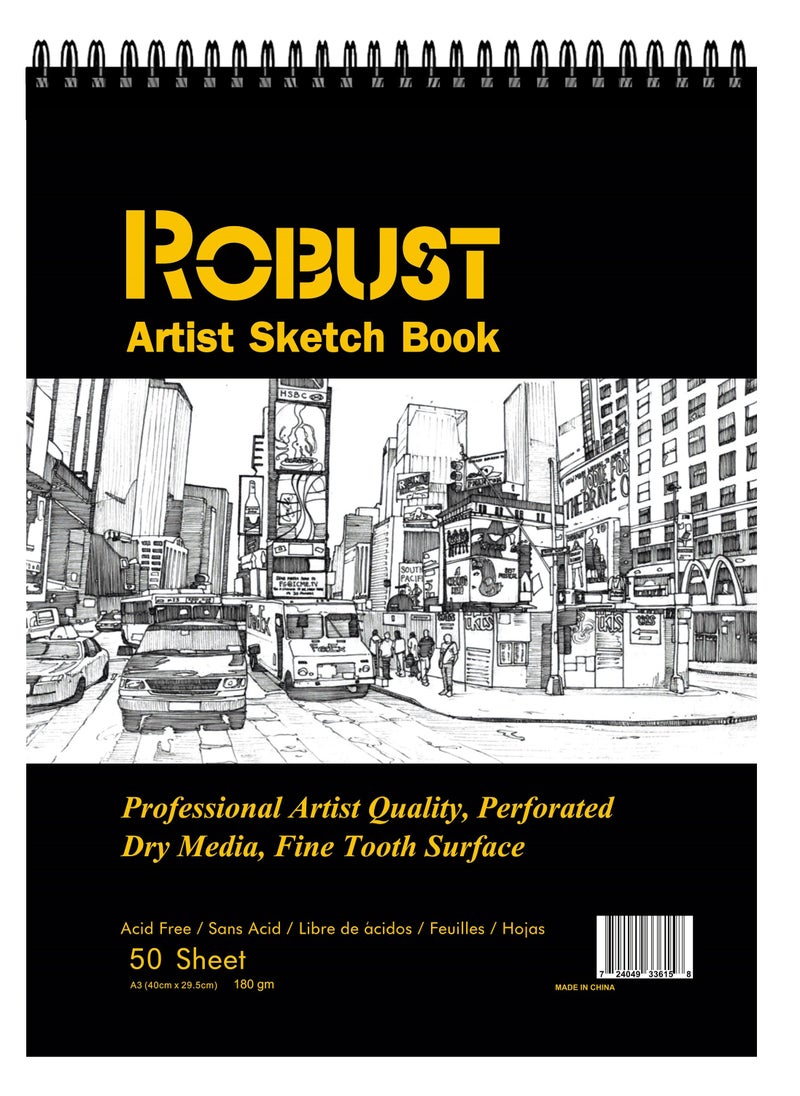 ROBUST Robust 400 series A3 (11.75"x16.5") Sketchbook 50 Sheets Sketch Pad 180gsm Drawing Notebook Dry and Wet Media Drawing Book For Kids Spiral Bound Artist Sketch Paper Acid-Free Art Book  - Image 1