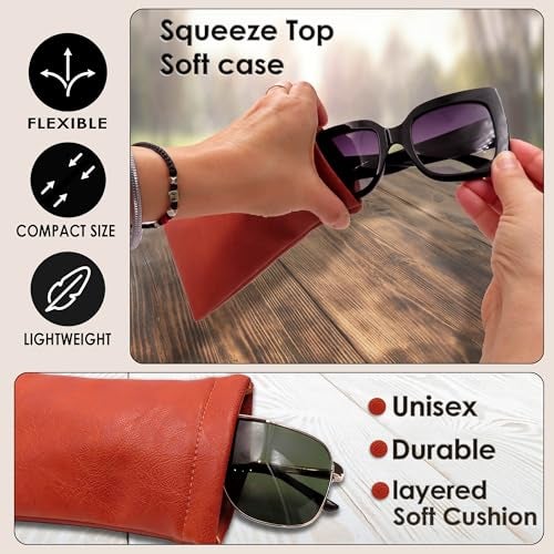 MyEyeglassCase Soft Sunglasses Case | Distressed Brown Leatherette Soft Eyeglass Pouch, Squeeze Top XL Eyeglass Case with Cleaning Cloth Glasses Case, Smart Phone Case (CT8 BROWN) - Image 5