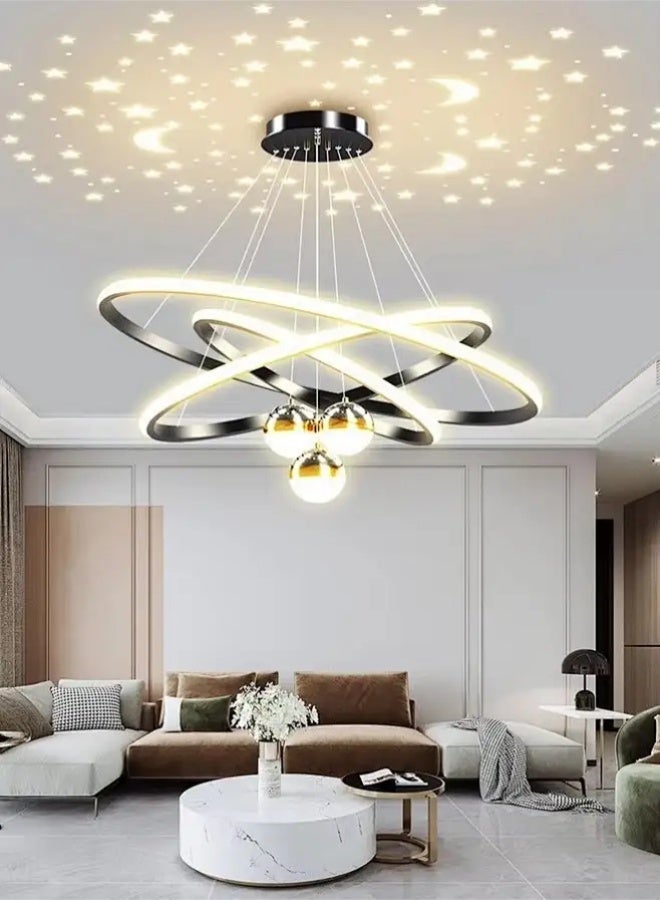 أبيكس ثريا LED حديثة، 3 حلقات ثريا لغرفة المعيشة، ثريا LED عصرية ذات 3 كرات قابلة للتعتيم مع إضاءة قابلة للتعيين، ثريا LED معلقة عالية السقف للمطاعم لتناول الطعام - Image 2