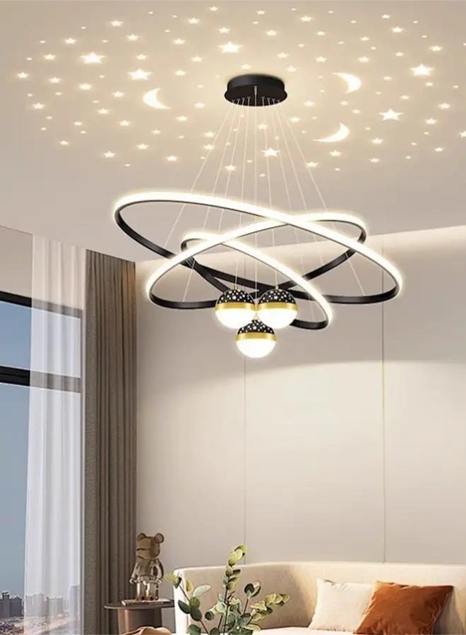 أبيكس ثريا LED حديثة، 3 حلقات ثريا لغرفة المعيشة، ثريا LED عصرية ذات 3 كرات قابلة للتعتيم مع إضاءة قابلة للتعيين، ثريا LED معلقة عالية السقف للمطاعم لتناول الطعام - Image 3