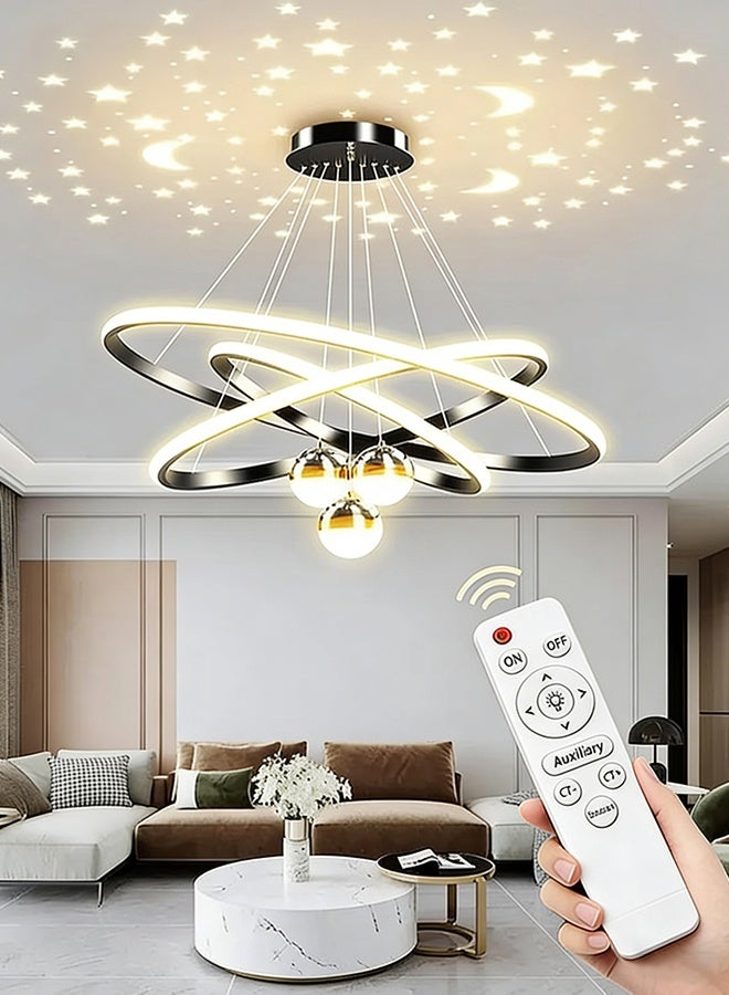 أبيكس ثريا LED حديثة، 3 حلقات ثريا لغرفة المعيشة، ثريا LED عصرية ذات 3 كرات قابلة للتعتيم مع إضاءة قابلة للتعيين، ثريا LED معلقة عالية السقف للمطاعم لتناول الطعام - Image 1