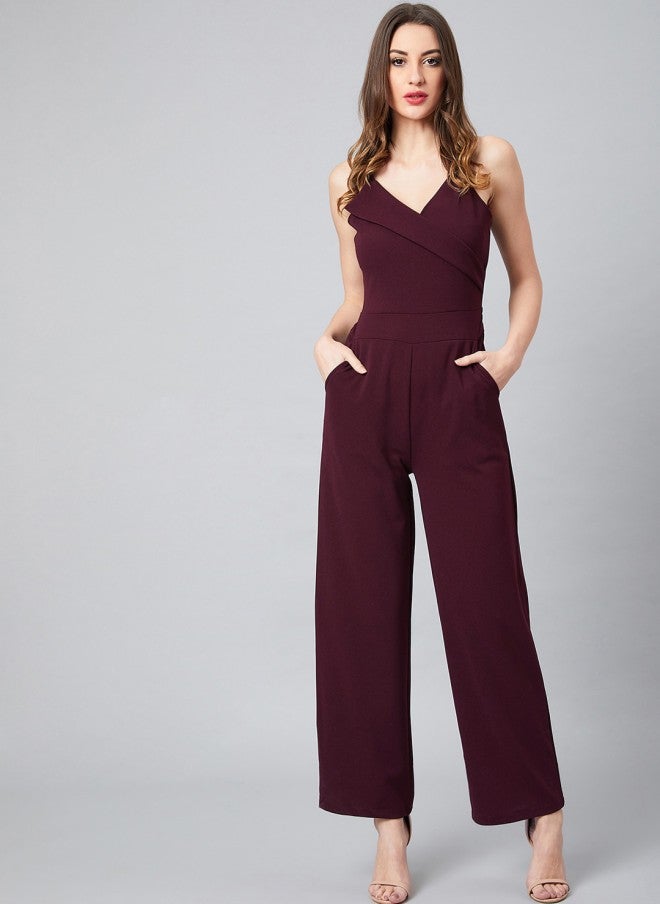 Athena Burgundy Solid Basic Jumpsuit for Women - Image 1