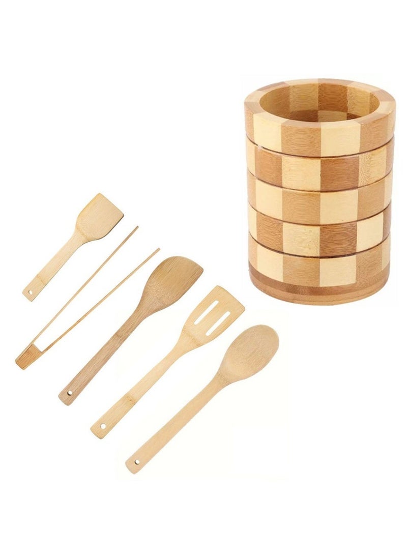 Set Of 6 Pcs Wooden Spoons for Cooking With Stand, Brown - Image 2