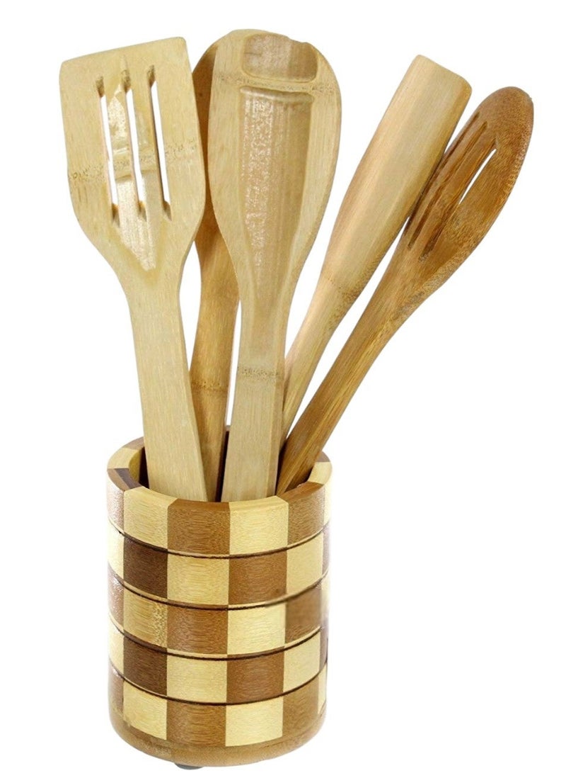 Set Of 6 Pcs Wooden Spoons for Cooking With Stand, Brown - Image 1