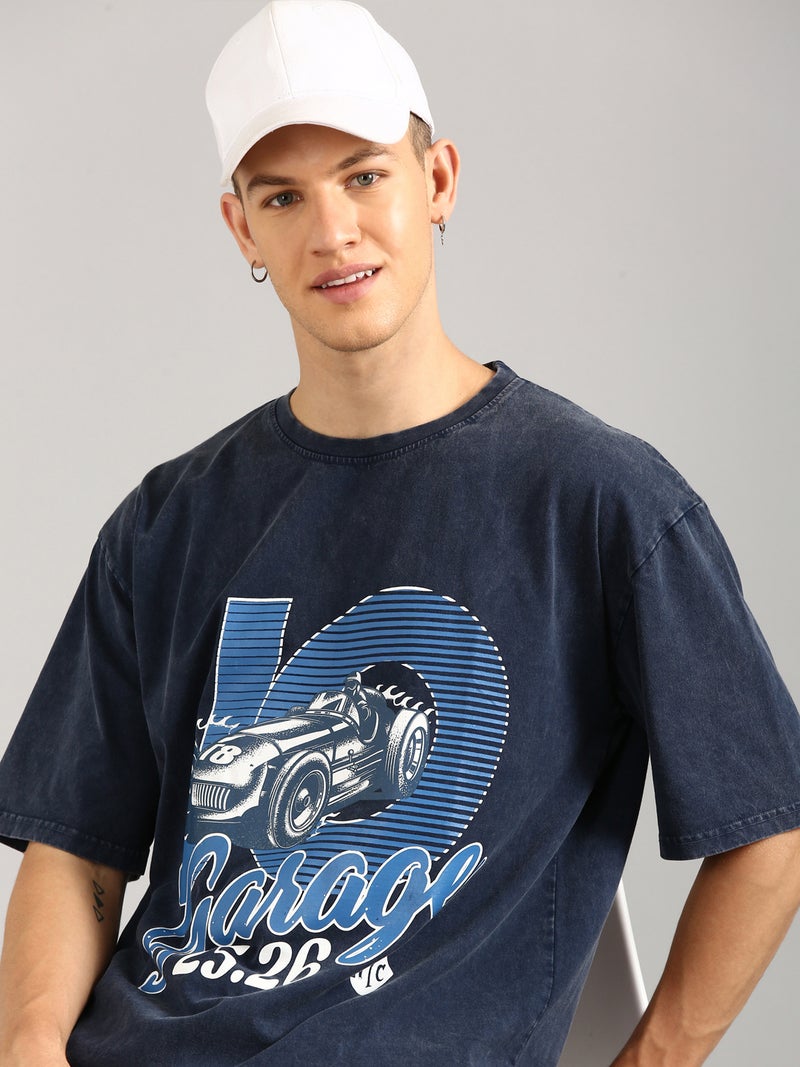 Joven Men Navy Blue Printed Pure Cotton Oversized Distressed T-Shirt - Image 5