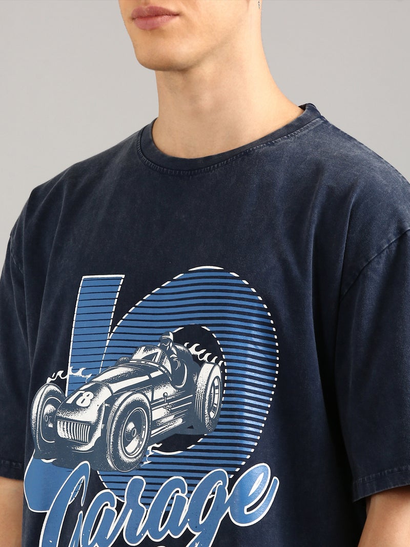 Joven Men Navy Blue Printed Pure Cotton Oversized Distressed T-Shirt - Image 4