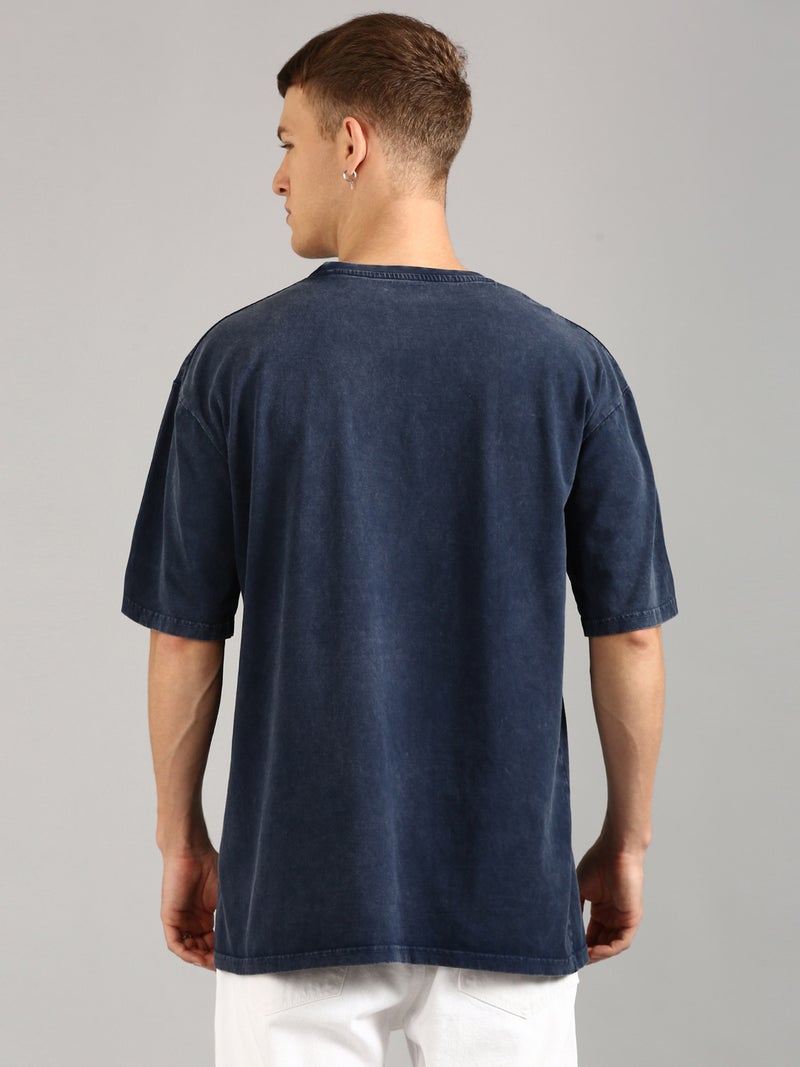Joven Men Navy Blue Printed Pure Cotton Oversized Distressed T-Shirt - Image 2