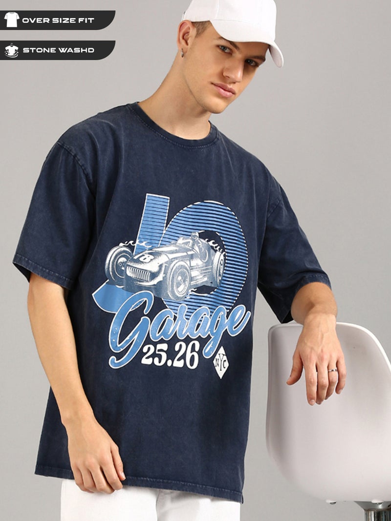 Joven Men Navy Blue Printed Pure Cotton Oversized Distressed T-Shirt - Image 1