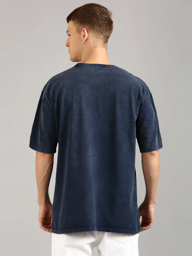 Joven Men Navy Blue Printed Pure Cotton Oversized Distressed T-Shirt