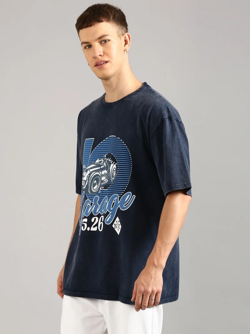 Joven Navy Blue Men Navy Blue Printed Pure Cotton Oversized Distressed T-Shirt for Men | Best Price UAE