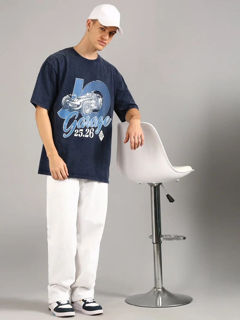 Joven Navy Blue Men Navy Blue Printed Pure Cotton Oversized Distressed T-Shirt for Men | Best Price UAE